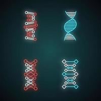 DNA chains neon light icons set. Deoxyribonucleic, nucleic acid helix. Spiraling strands. Chromosome. Molecular biology. Genetic code. Genetics. Medicine. Glowing signs. Vector isolated illustrations