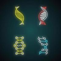 DNA strands neon light icons set. Deoxyribonucleic, nucleic acid helix. Spiraling strands. Chromosome. Molecular biology. Genetic code. Genetics. Medicine. Glowing signs. Vector isolated illustrations