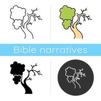 Fig tree icon. Old half dead tree. Healthy leaved part and dying part symbol. Biblical plant of life. Bible narrative. Gospel story. Flat design, linear and color styles. Isolated vector illustrations