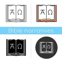 Alpha and Omega icon. Beginning and end. Open book with letters of Greek alphabet. Book of Revelation of John. Christian symbols. Flat design, linear and color styles. Isolated vector illustrations