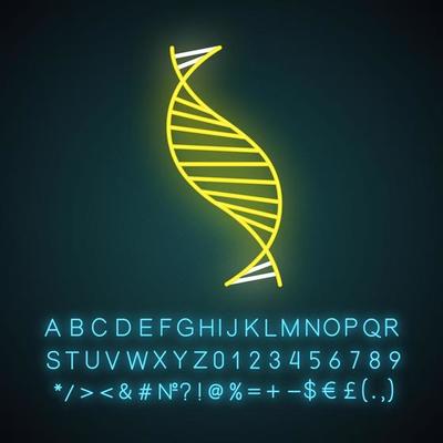 DNA spiral strand neon light icon. Deoxyribonucleic, nucleic acid helix. Molecular biology. Genetic code. Genetics. Glowing sign with alphabet, numbers and symbols. Vector isolated illustration