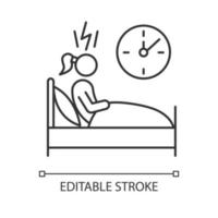 Change in sleep pattern linear icon. Insomnia. Troubled woman. Stress and anxiety. Sleep deprivation. Thin line illustration. Contour symbol. Vector isolated outline drawing. Editable stroke