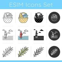 Bible narratives icons set. Palm branch, Jesus walking on water, bread and fish. Easter week. New Testament. Gospel story. Flat design, linear, black and color styles. Isolated vector illustrations