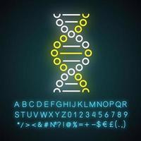 DNA spiral neon light icon. Connected dots, lines. Deoxyribonucleic, nucleic acid helix. Molecular biology. Genetic code. Glowing sign with alphabet, numbers and symbols. Vector isolated illustration