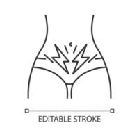 Cramp linear icon. Menstrual abdominal pain. Predmenstrual syndrome. Period symptom. Diarrhea, constipation. Thin line illustration. Contour symbol. Vector isolated outline drawing. Editable stroke