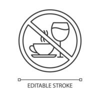 Caffeine and alcohol refusal linear icon. Deny wine and coffee. No unhealthy habits. Stop sign with beverages. Thin line illustration. Contour symbol. Vector isolated outline drawing. Editable stroke