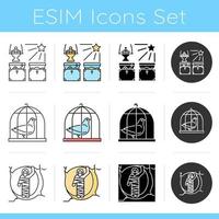 Bible narratives icons set. Gifts of the magi, pigeon in cage, raising of Lazarus. New Testament. Gospel story. Flat design, linear, black and color styles. Isolated vector illustrations