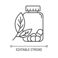 Herbal pills linear icon. Homeopathy and holistic approach. Organic medication. Pharmaceutical aid. Thin line illustration. Contour symbol. Vector isolated outline drawing. Editable stroke