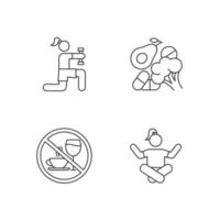 Healthcare linear icons set. Exercise. Vitamin intake. Alcohol and caffeine refusal. Meditation. Thin line contour symbols. Isolated vector outline illustrations. Editable stroke. Perfect pixel