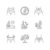 Menstrual cycle linear icons set. Predmenstrual syndrome. Bloating. Aromatherapy. Hormone imbalance. Thin line contour symbols. Isolated vector outline illustrations. Editable stroke. Perfect pixel