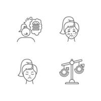 Predmenstrual syndrome linear icons set. Food craving. Acne and pimple. Hormonal disbalance. Thin line contour symbols. Isolated vector outline illustrations. Editable stroke. Perfect pixel