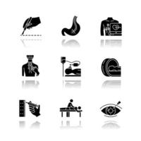 Medical procedure drop shadow black glyph icons set. Surgery. Endoscopy. Electrocardiogram. Physiotherapy. Anesthesia. Tomography, brain scan. Massage. Vision correction. Isolated vector illustrations