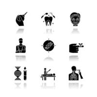 Medical procedure drop shadow black glyph icons set. Healthcare. Orthopedic cast. Immunotherapy. Dental care. Cosmetology. Bandaging. Genetics. Autopsy. Bronchoscopy. Isolated vector illustrations