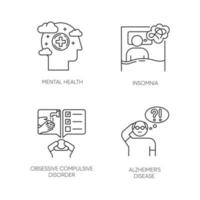 Mental disorder linear icons set. Insomnia and sleep deprivation. Obsessive-compulsive syndrome. Alzheimer's disease. Thin line contour symbols. Isolated vector outline illustrations. Editable stroke