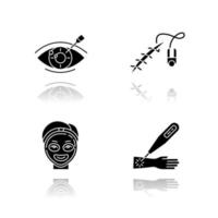 Medical procedure drop shadow black glyph icons set. Vision correction. Eyesight disorder. Stitching open wound. Cosmetology. Laser therapy. Facial treatment. Healthcare. Isolated vector illustrations