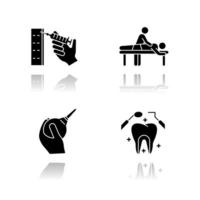 Medical procedure drop shadow black glyph icons set. Injection. Massage. Lavement. Dental care. Oral health. Clinical aid. Masseur, patient. Constipation help. Isolated vector illustrations