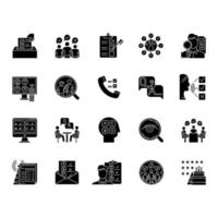 Survey methods glyph icons set. Interview. Online, telephone poll. Rating. Public opinion. Customer review. Feedback. Evaluation. Data collection. Silhouette symbols. Vector isolated illustration