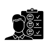 Personal interview glyph icon. Survey questionnaire form. Customer service rating. Feedback. Employee satisfaction. Emotional opinion. Silhouette symbol. Negative space. Vector isolated illustration