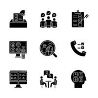 conjunto de iconos de glifo de métodos de encuesta. teléfono, encuesta en línea. clasificación. entrevista. opinión pública. satisfacción del cliente, revisión. realimentación. evaluación. símbolos de silueta. vector ilustración aislada