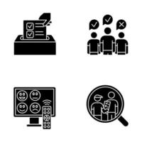 Survey methods glyph icons set. Anonymous poll, TV channel rating. Focus group. Interview. Public opinion. Customer review. Feedback. Evaluation. Silhouette symbols. Vector isolated illustration