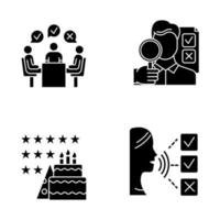 Survey methods glyph icons set. Group administered questionnaire. High rating. Testimonial. Customer audio review. Event evaluation, expert survey. Silhouette symbols. Vector isolated illustration