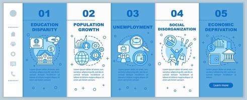 Social problems onboarding mobile web pages vector template. Unemployment, economic deprivation, population growth. Responsive smartphone website interface idea. Webpage walkthrough step screens.