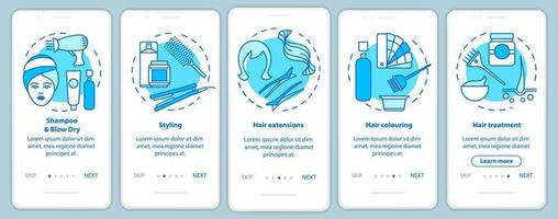 Hairdresser salon services blue onboarding mobile app page screen with linear concepts. Hair styling parlor walkthrough steps graphic instructions. UX, UI, GUI vector template with illustrations