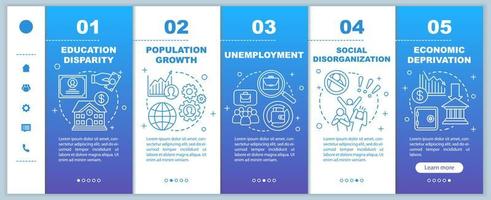 Social problems onboarding mobile web pages vector template. Unemployment, economic deprivation, population growth. Responsive smartphone website interface idea Webpage walkthrough step screens
