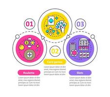 Casino games vector infographic template. Business presentation design elements. Gambling. Data visualization with three steps and options. Process timeline chart. Workflow layout with linear icons