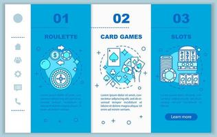 Casino games onboarding mobile web pages vector template. Roulette, slots, card games. Responsive smartphone website interface idea with linear icons. Webpage walkthrough step screens. Color concept