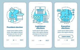 Elections onboarding mobile app page screen with linear concepts. President, legislature, executive elections. Three walkthrough graphic instructions. UX, UI, GUI vector template with illustrations