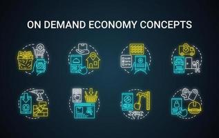 iconos de concepto de luz de neón de economía de demanda establecidos. industria de servicios comerciales, idea de comercio electrónico. signo brillante con alfabeto, números y símbolos. Ilustración aislada de vector de aplicación de mercado en línea