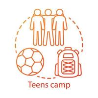 Teens camp concept icon. Summer youngster club, community idea thin line illustration. Teenager holiday resort. Sports after school facility. Vector isolated outline drawing. Editable stroke