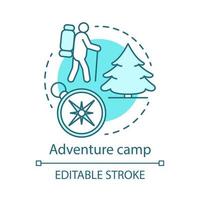 Adventure camp concept icon. Summer hiking and camping club, holiday resort idea thin line illustration. Backpacking in woods, travelling in forest. Vector isolated outline drawing. Editable stroke