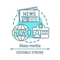 Mass media concept icon. News agency. Journalism. Information channel. Review of world events. Newspaper editorial office idea thin line illustration. Vector isolated outline drawing. Editable stroke