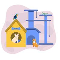 hotel para mascotas con perro, gato, loro y lagarto. vector