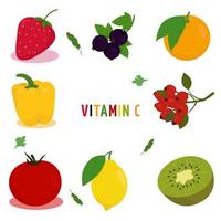 vitamina C. ilustración vectorial con una imagen de frutas y verduras que contienen vitamina c vector