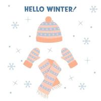 A set of hats, mittens and a scarf. Winter clothing. Flat vector illustration