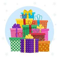 Big pile of colorful wrapped gift boxes. Collection for Birthday, Christmas. vector