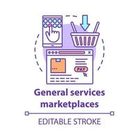 General services marketplaces concept icon. On demand economy, e commerce idea thin line illustration. Smartphone, browser window and shopping basket vector isolated outline drawing. Editable stroke