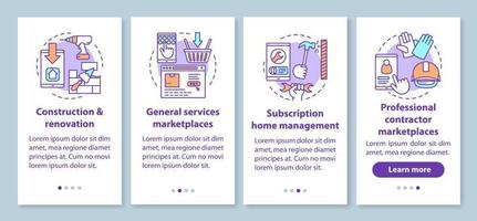 Online marketplaces onboarding mobile app page screen with linear concepts. E commerce, customer services walkthrough steps graphic instructions. UX, UI, GUI vector template with illustrations