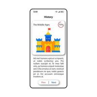 History for pupils smartphone interface vector template. Mobile app page white design layout. Middle Ages chapter screen. Flat UI for application. Educational materials phone display