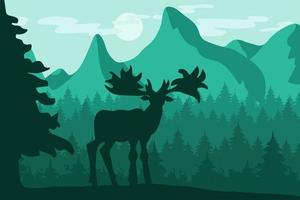 Wlking wild deer in night mountain forest vector