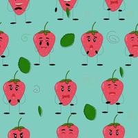 Funny strawberries seamless pattern. Strawberries with funny faces. Flat vector illustration