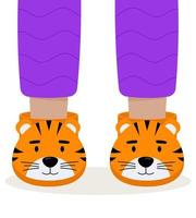 Children pajama slippers. Children feet in funny slippers. Pajama party. vector