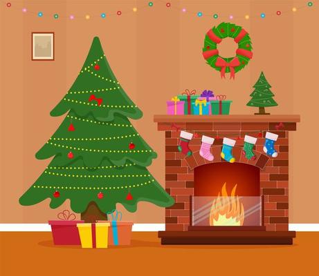 Christmas room interior. Christmas tree, gift, fireplace and decoration