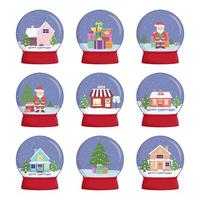 Set of snow globes with a town. Winter wonderland scenes in a snow globe. vector