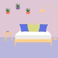 Bedroom with big bed. Flat vector illustration