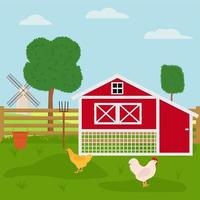 Chicken farm with chicken coop. Flat vector illustration
