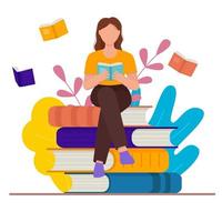 Woman reading a book. Woman sitting on books vector